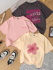 3pcs/Set Cute Floral Printed Daily Casual Round Neck Short Sleeve T-Shirt, Simple And Fashionable For Women Summer