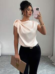Rafferiza Elegant Solid Color Satin Shirt, Women's Summer Lightweight Sophisticated Twist Lapel Blouse