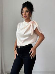 Rafferiza Elegant Solid Color Satin Shirt, Women's Summer Lightweight Sophisticated Twist Lapel Blouse