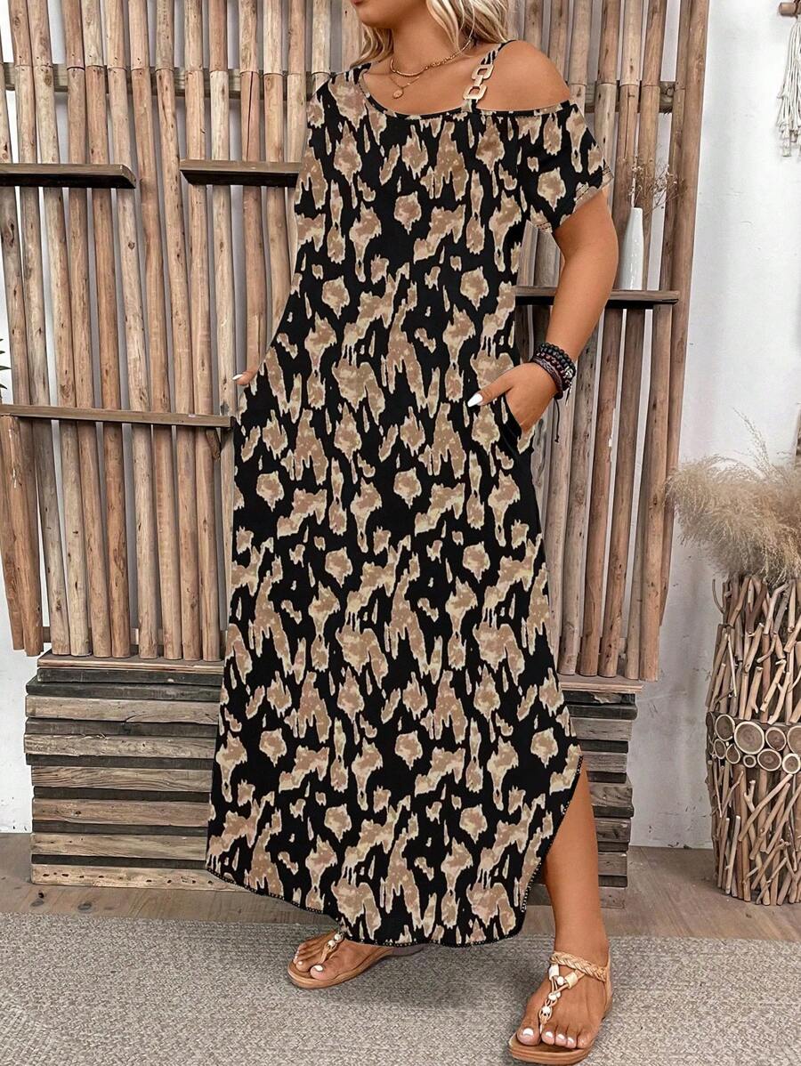 Ženska ležerna haljina plus size jednobojna, sa asimetričnim izrezom