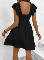 SHEIN Frenchy Solid Color Square Collar A-Line Dress, Casual Summer Style With Waistline,Boho Clothes Women Black Beach Vacation Holiday Resort
