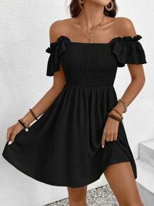 SHEIN Frenchy Solid Color Square Collar A-Line Dress, Casual Summer Style With Waistline,Boho Clothes Women Black Beach Vacation Holiday Resort