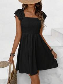 SHEIN Frenchy Solid Color Square Collar A-Line Dress, Casual Summer Style With Waistline,Boho Clothes Women Black Beach Vacation Holiday Resort