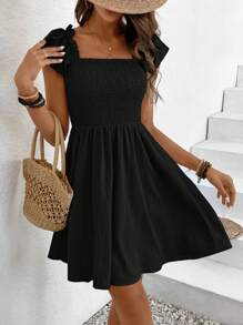 SHEIN Frenchy Solid Color Square Collar A-Line Dress, Casual Summer Style With Waistline,Boho Clothes Women Black Beach Vacation Holiday Resort