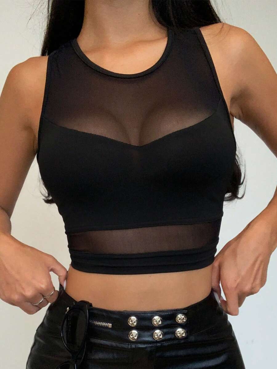 SHEIN PETITE Women's Minimalist Mesh Sheer Sports Tank Top