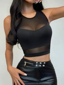 SHEIN PETITE Women's Minimalist Mesh Sheer Sports Tank Top