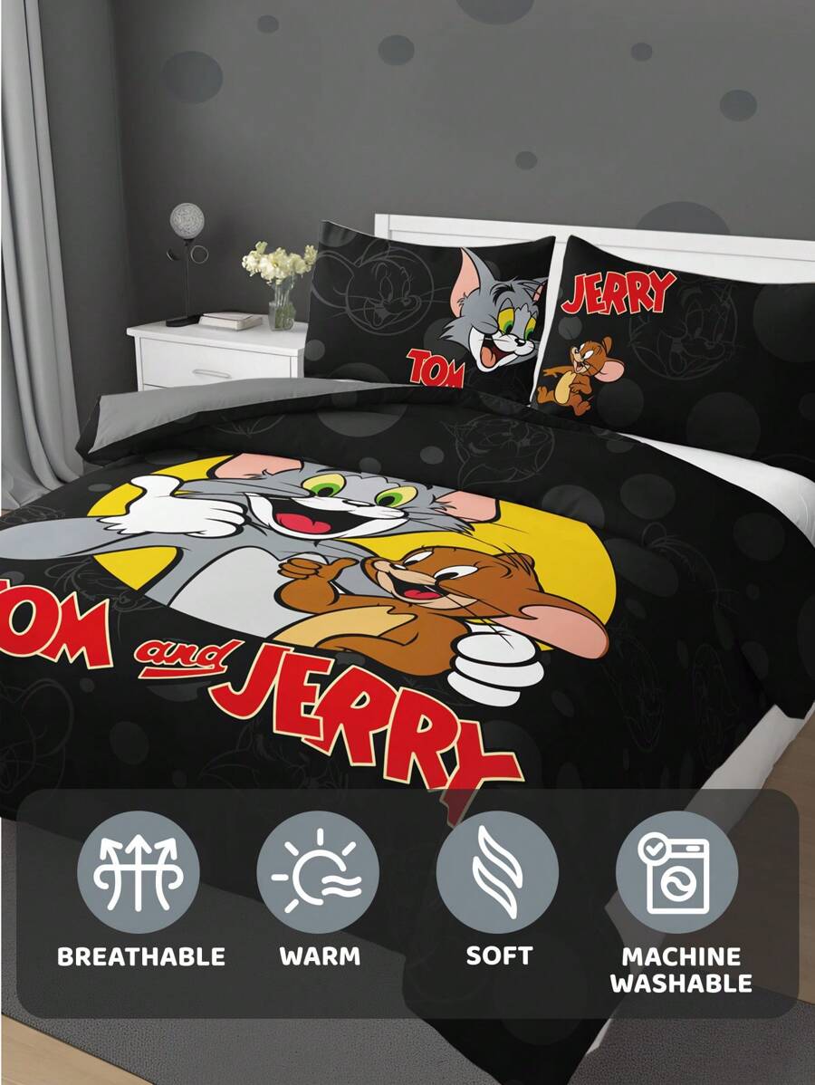 TOM & JERRY Set posteljine sa crtanim uzorkom 3 kom, od brušenog materijala, mekan i topao