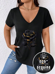 Plus size ležerna majica , crna jednobojna sa grafičkim printom zlatno- crne ruže