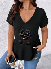 Plus size ležerna majica , crna jednobojna sa grafičkim printom zlatno- crne ruže