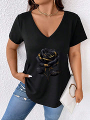 Plus size ležerna majica , crna jednobojna sa grafičkim printom zlatno- crne ruže