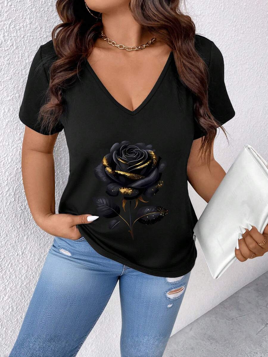 Plus size ležerna majica , crna jednobojna sa grafičkim printom zlatno- crne ruže