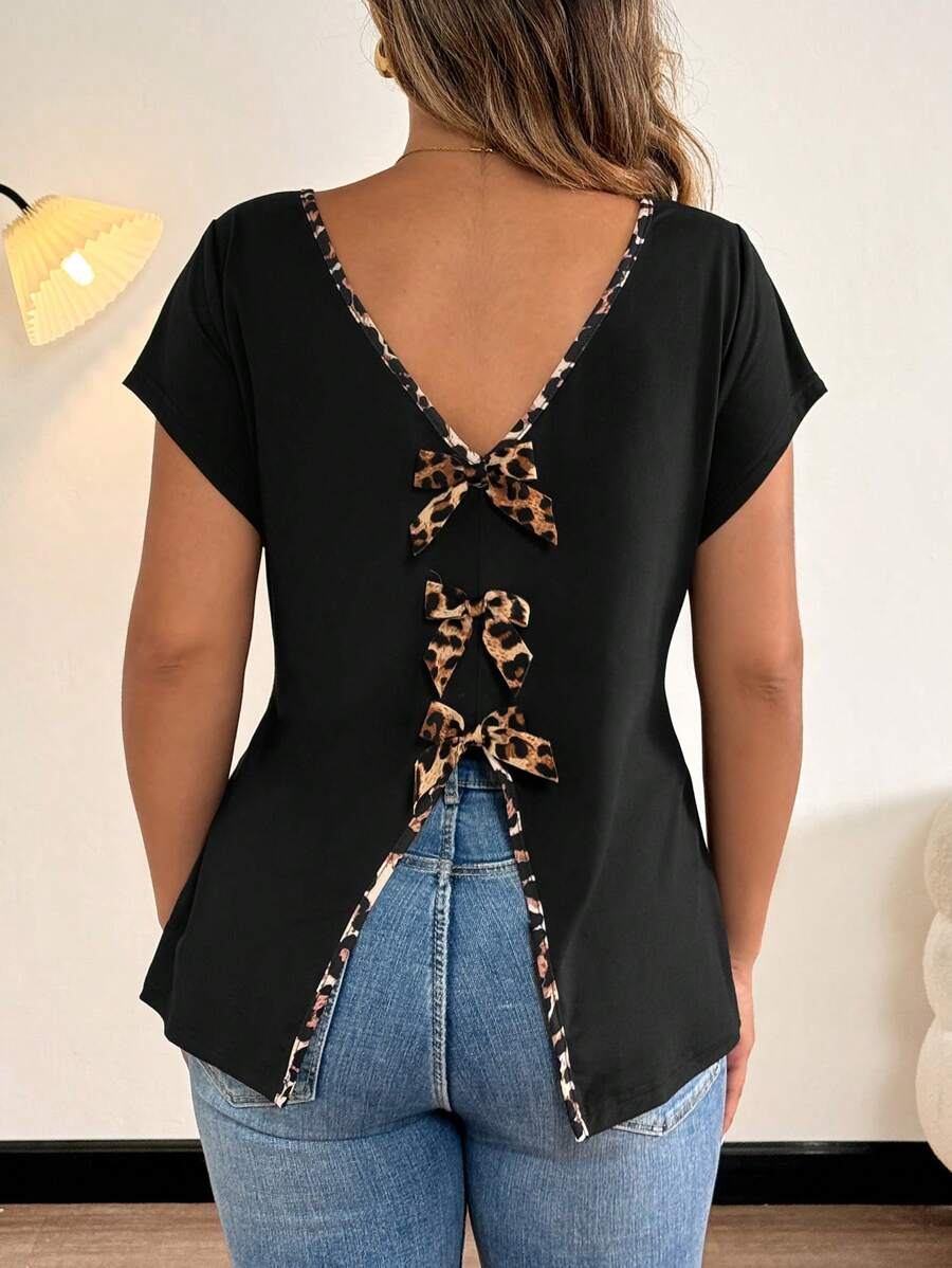 Ženska majica plus size sa otvorenim leđima, V-izrezom i mašnom na leđima