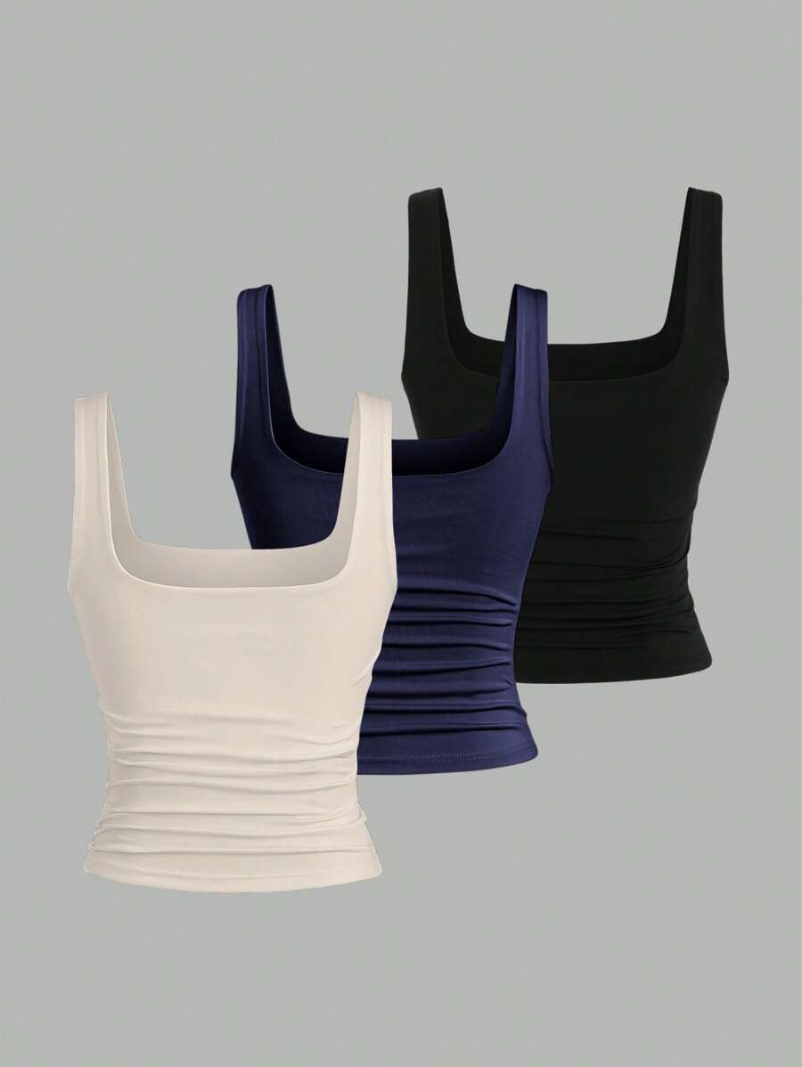 Sweetra Ženska Letnja Majica – Kvadratni Izrez, Nabran Slim Fit Casual Top