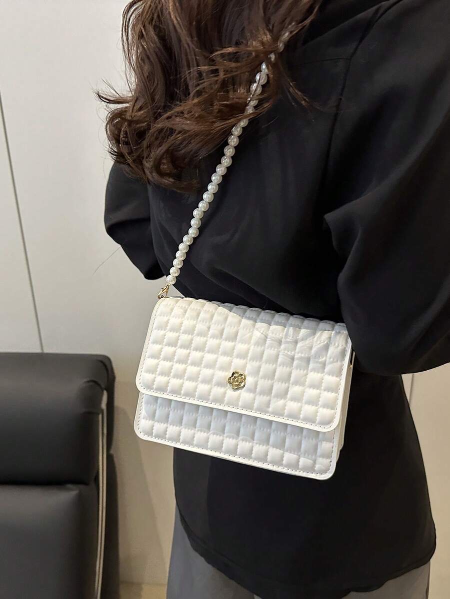 Modna ženska mini torba od karirane PU kože sa dvostrukim slojem, sa lancem od veštačkih bisera