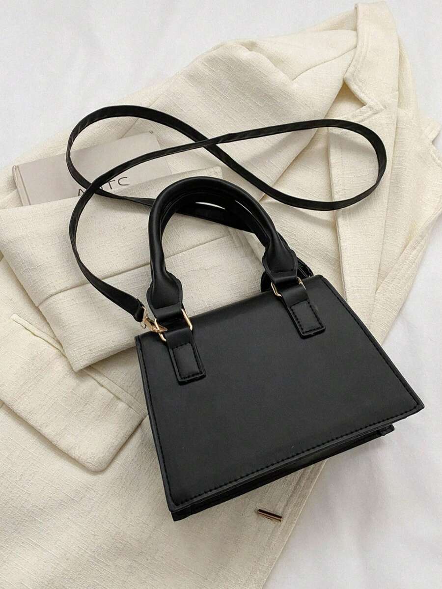 Mini ležerna kvadratna torba sa dvostrukim gornjim ručkama, preklopnim zatvaranjem, metalnim V detaljem