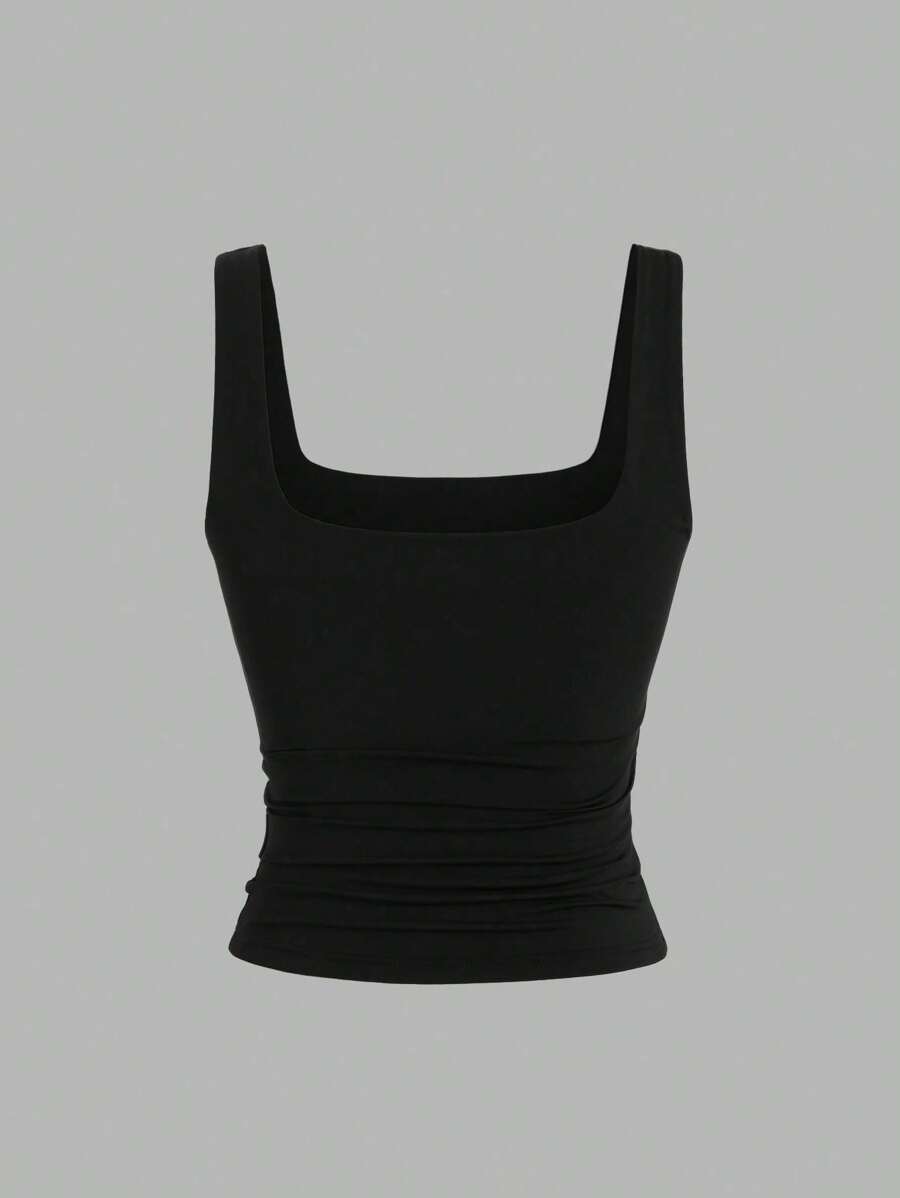Sweetra Ženska Letnja Majica – Kvadratni Izrez, Nabran Slim Fit Casual Top