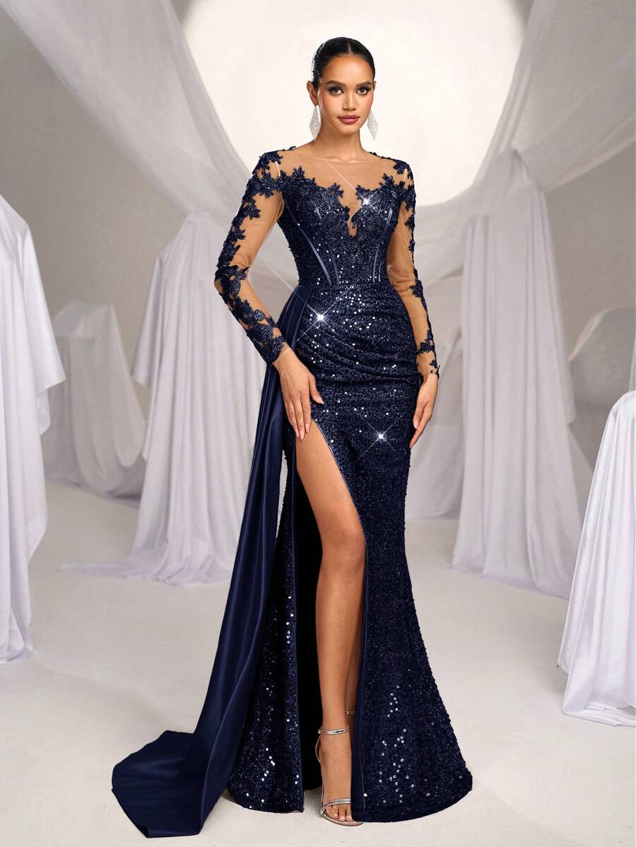 Elegantna luksuzna maksi haljina sa vezom, šljokicama, čipkom i satenom