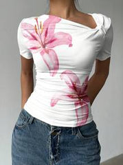 Siren Gaze Women Casual Elegant Asymmetric Collar Ruched Fitted Short Sleeve T-Shirt, Floral Print, Suitable For Summer Suitable For Going Out Casual