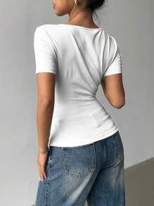 Siren Gaze Women Casual Elegant Asymmetric Collar Ruched Fitted Short Sleeve T-Shirt, Floral Print, Suitable For Summer Suitable For Going Out Casual