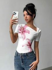 Siren Gaze Women Casual Elegant Asymmetric Collar Ruched Fitted Short Sleeve T-Shirt, Floral Print, Suitable For Summer Suitable For Going Out Casual