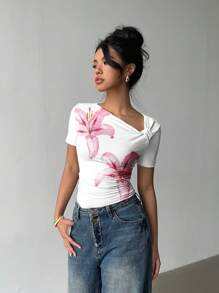 Siren Gaze Women Casual Elegant Asymmetric Collar Ruched Fitted Short Sleeve T-Shirt, Floral Print, Suitable For Summer Suitable For Going Out Casual