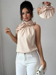 Balvessa Women's Elegant Camel Halter Top With Ruffle Detail And Sleeveless Design