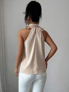 Balvessa Women's Elegant Camel Halter Top With Ruffle Detail And Sleeveless Design
