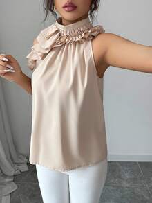 Balvessa Women's Elegant Camel Halter Top With Ruffle Detail And Sleeveless Design