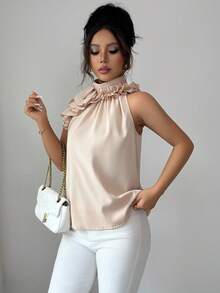 Balvessa Women's Elegant Camel Halter Top With Ruffle Detail And Sleeveless Design