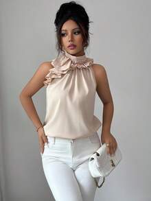 Balvessa Women's Elegant Camel Halter Top With Ruffle Detail And Sleeveless Design