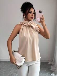 Balvessa Women's Elegant Camel Halter Top With Ruffle Detail And Sleeveless Design