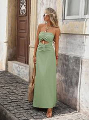 Vivid Eden Women's Vacation Solid Color Waist Cutout Ruched Backless Dress,Boho Clothes Women