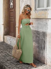 Vivid Eden Women's Vacation Solid Color Waist Cutout Ruched Backless Dress,Boho Clothes Women