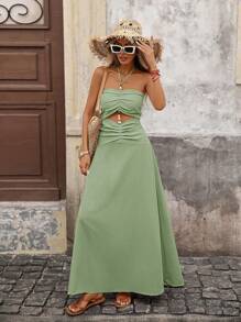 Vivid Eden Women's Vacation Solid Color Waist Cutout Ruched Backless Dress,Boho Clothes Women