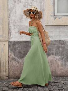 Vivid Eden Women's Vacation Solid Color Waist Cutout Ruched Backless Dress,Boho Clothes Women