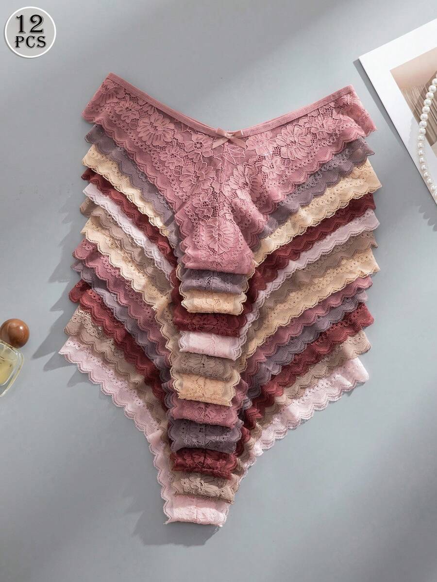 12 kom/pakovanje ženske elegantne i udobne bikini gaćice sa čipkastom ivicom