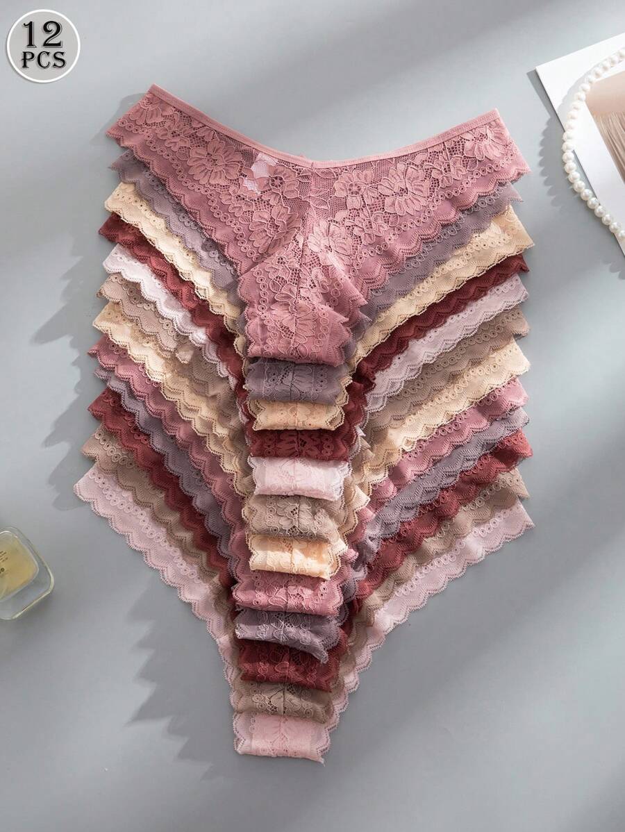 12 kom/pakovanje ženske elegantne i udobne bikini gaćice sa čipkastom ivicom
