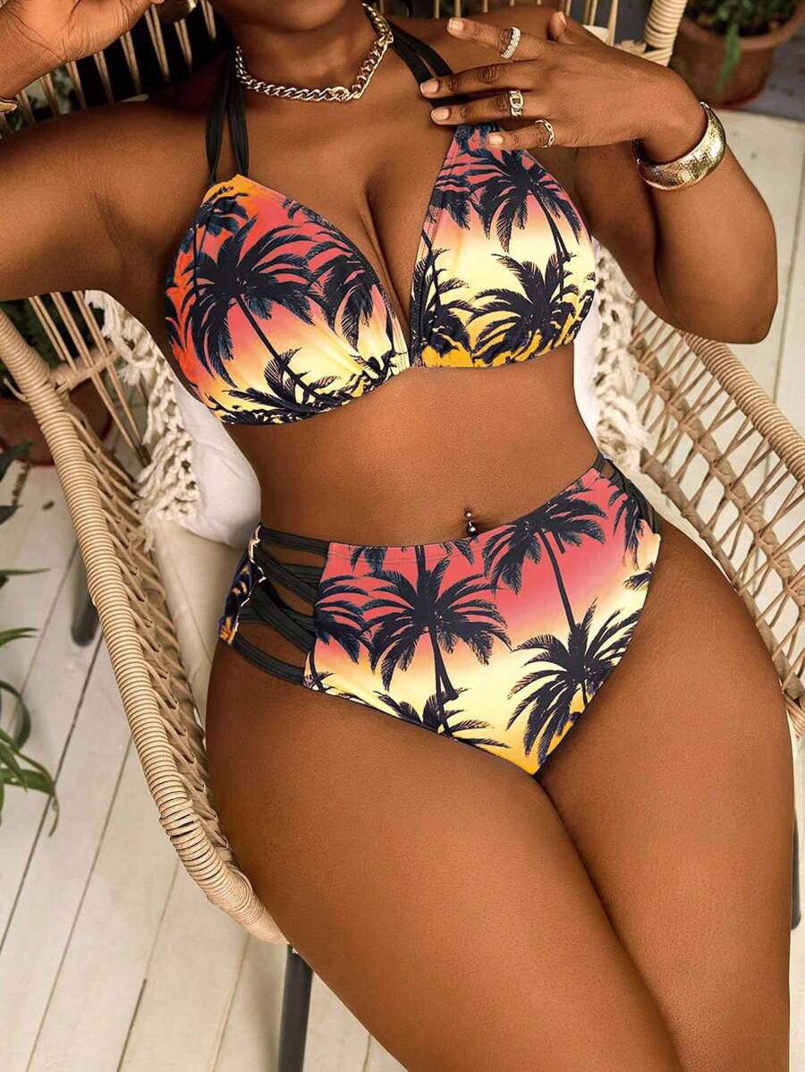 Seksi dvodeli bikini set sa printom i tankim kaišićima, plus size