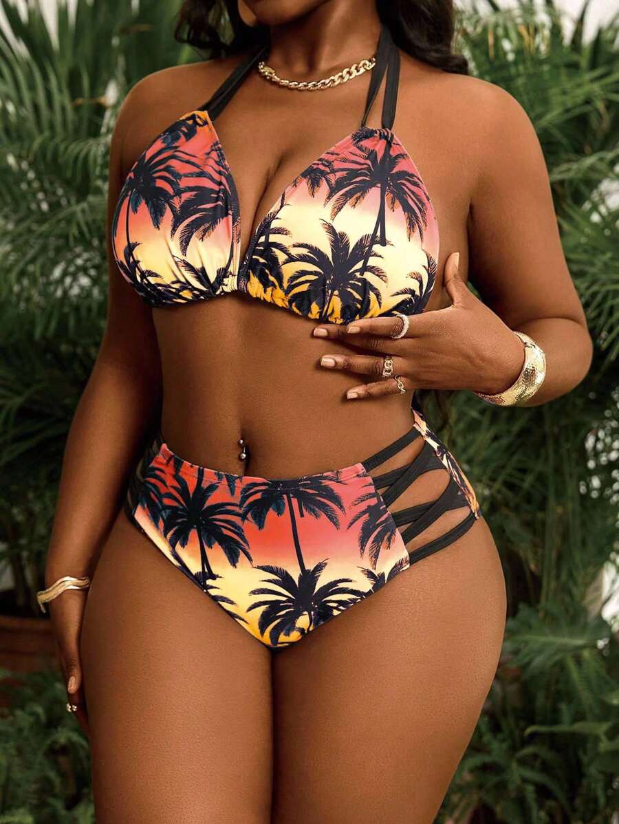 Seksi dvodeli bikini set sa printom i tankim kaišićima, plus size