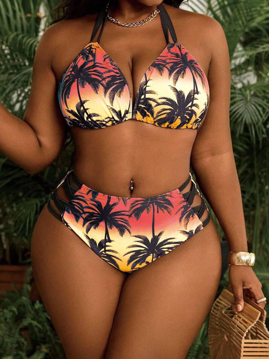 Seksi dvodeli bikini set sa printom i tankim kaišićima, plus size
