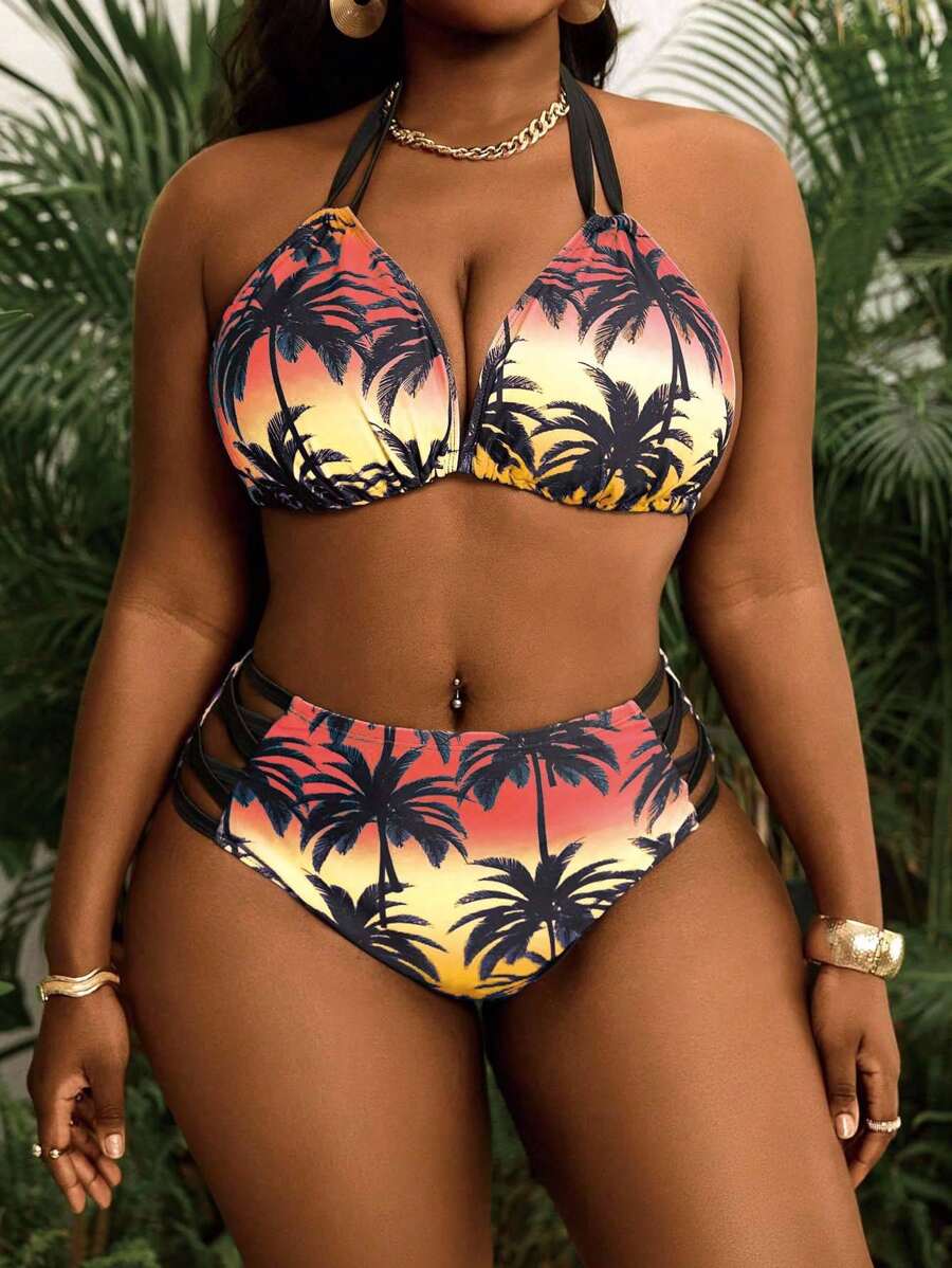 Seksi dvodeli bikini set sa printom i tankim kaišićima, plus size