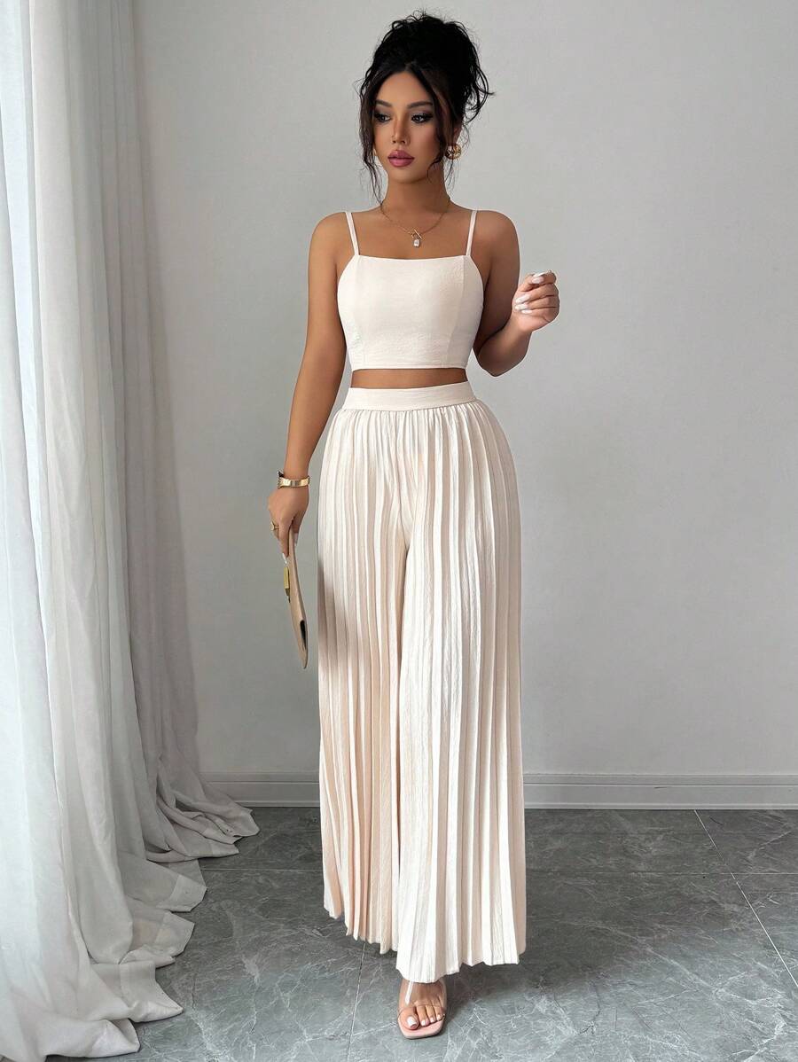2kom/Set Elegantna Ženska Majica Bez Rukava i Plisirane Dugačke Pantalone