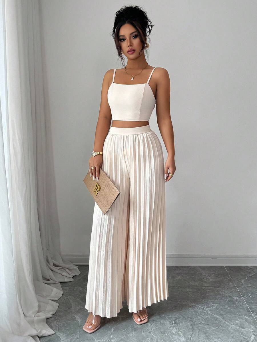 2kom/Set Elegantna Ženska Majica Bez Rukava i Plisirane Dugačke Pantalone