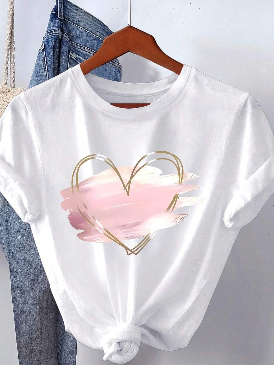 Elegantna letnja majica plus size sa štampom ružičastog srca, okrugli izrez i kratki rukavi
