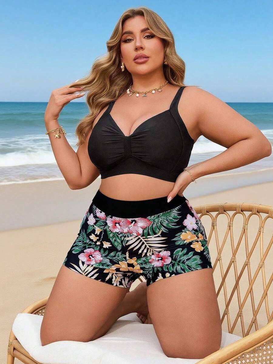 Tankini set za plivanje u 2 dela za plus size, sa tankim kaišićima