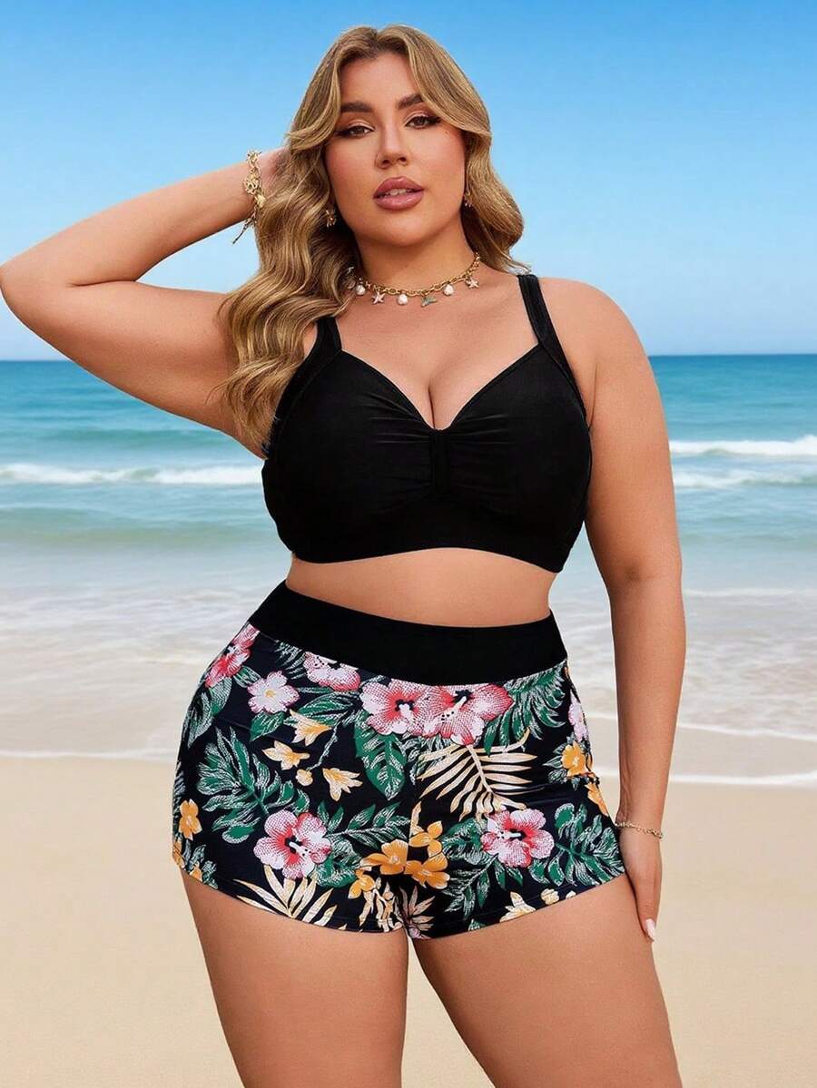 Tankini set za plivanje u 2 dela za plus size, sa tankim kaišićima