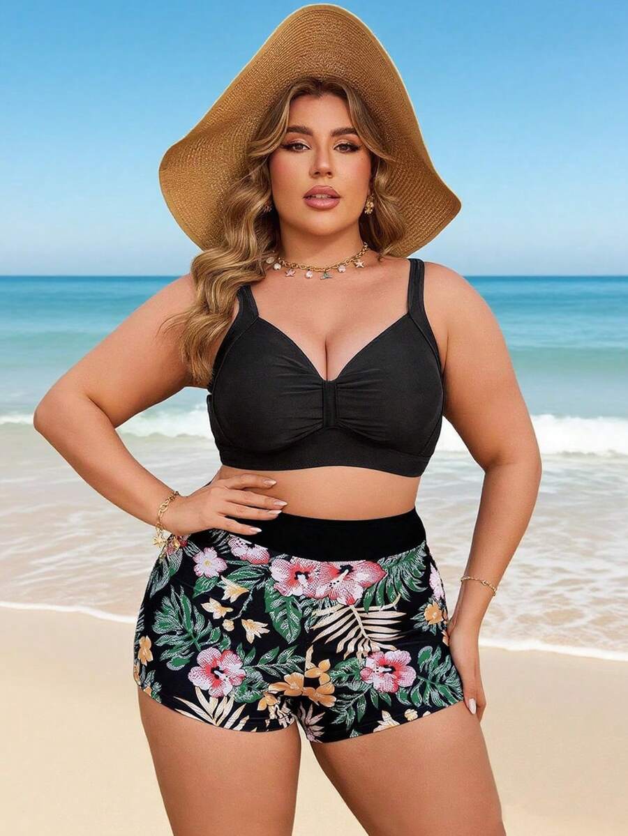 Tankini set za plivanje u 2 dela za plus size, sa tankim kaišićima