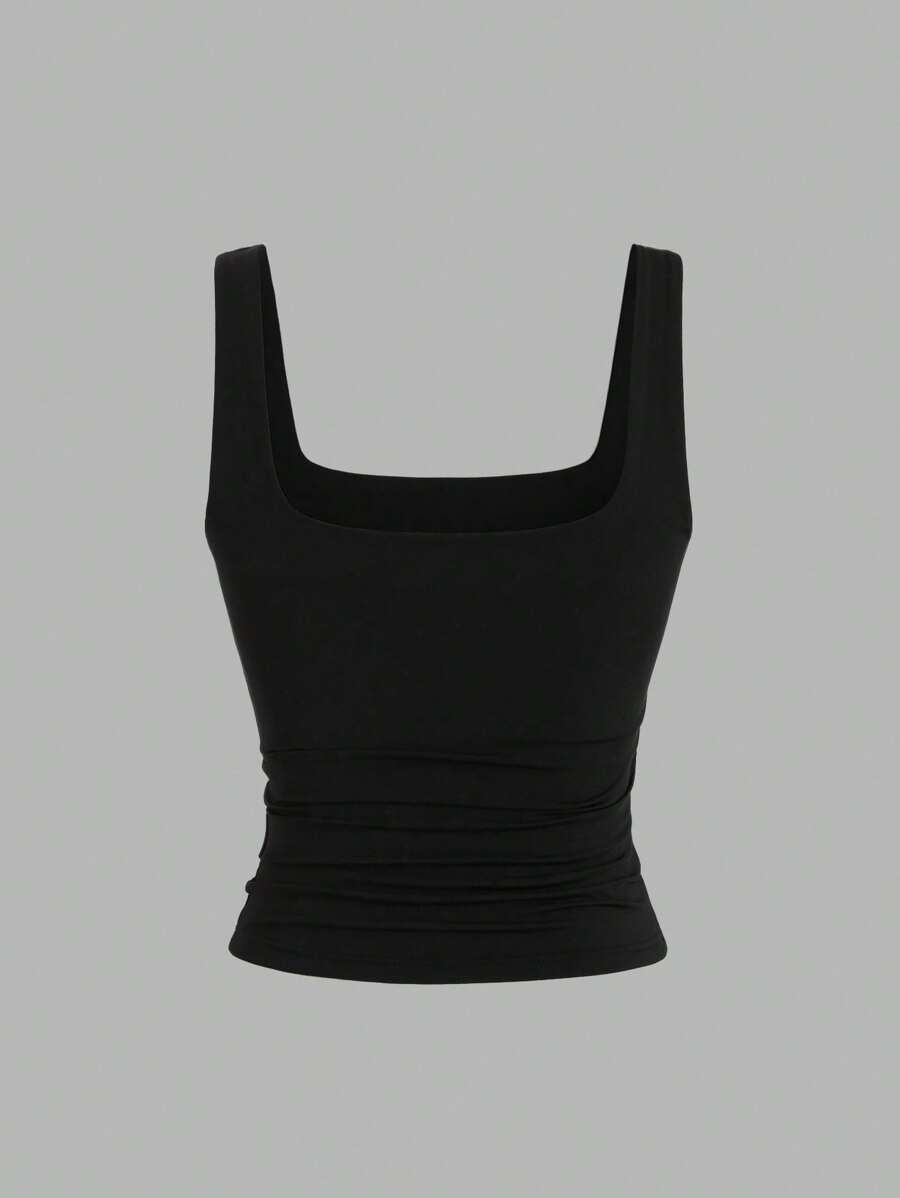 Sweetra Ženska Letnja Majica – Kvadratni Izrez, Nabran Slim Fit Casual Top