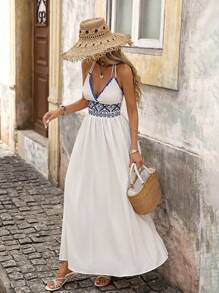 Brillora Women's Summer Embroidered Patchwork Split Hem Dress