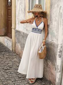 Brillora Women's Summer Embroidered Patchwork Split Hem Dress